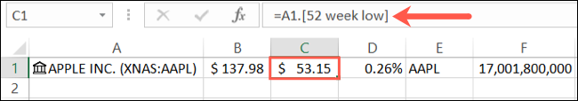 Stocks Data Detail in Formula Bar